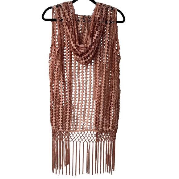 POL Duster Vest Crochet Fringe Trim Hood Size S Dark Blush Pink Boho Rave Indie - Picture 6 of 8